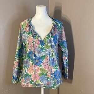 J. Crew Popover Blouse Pastel Floral Green/Blue/Pink Cottagecore Colorful Sz XS
